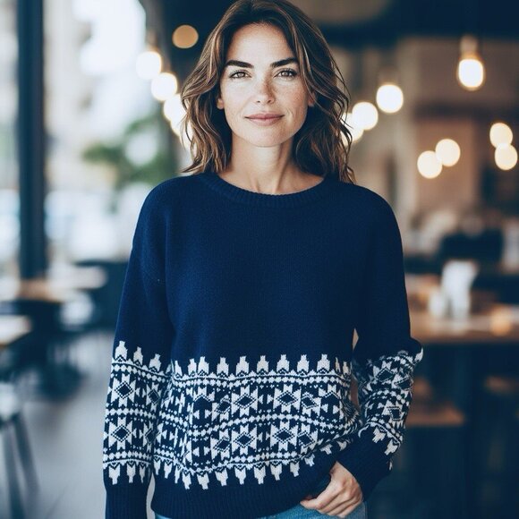 Alexia Admor Fair Isle Bulky Knit Navy Blue White Sweater Pockets Womens Medium - Picture 1 of 9